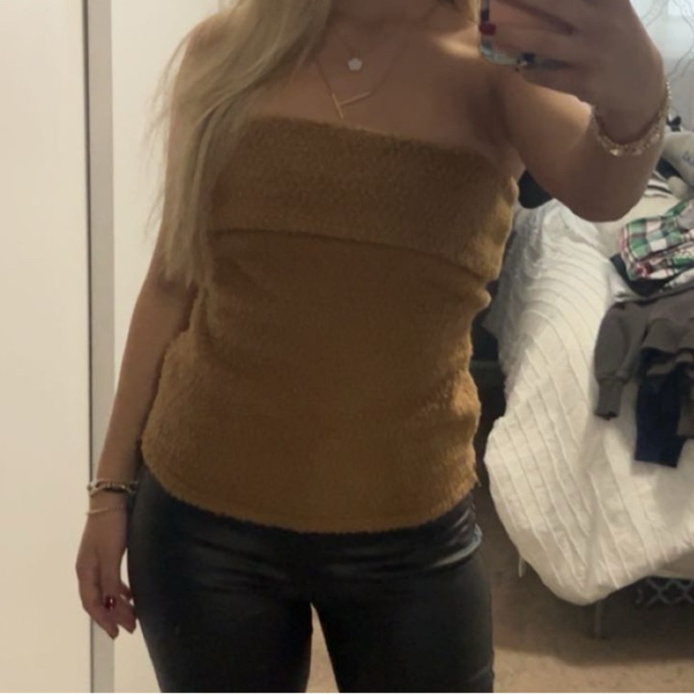 Brown Strapless Fuzzy Top